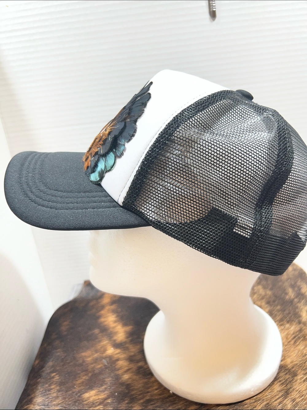 Black & White Trucker Hat with Turquoise Feather Embroidery. $45 retail!! - Picture 6 of 8